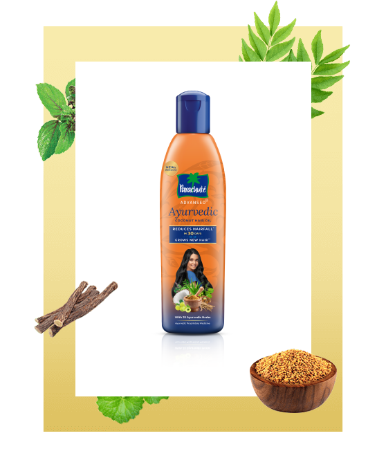 A bottle of Parachute Advansed Ayurvedic hair oil with ingredients