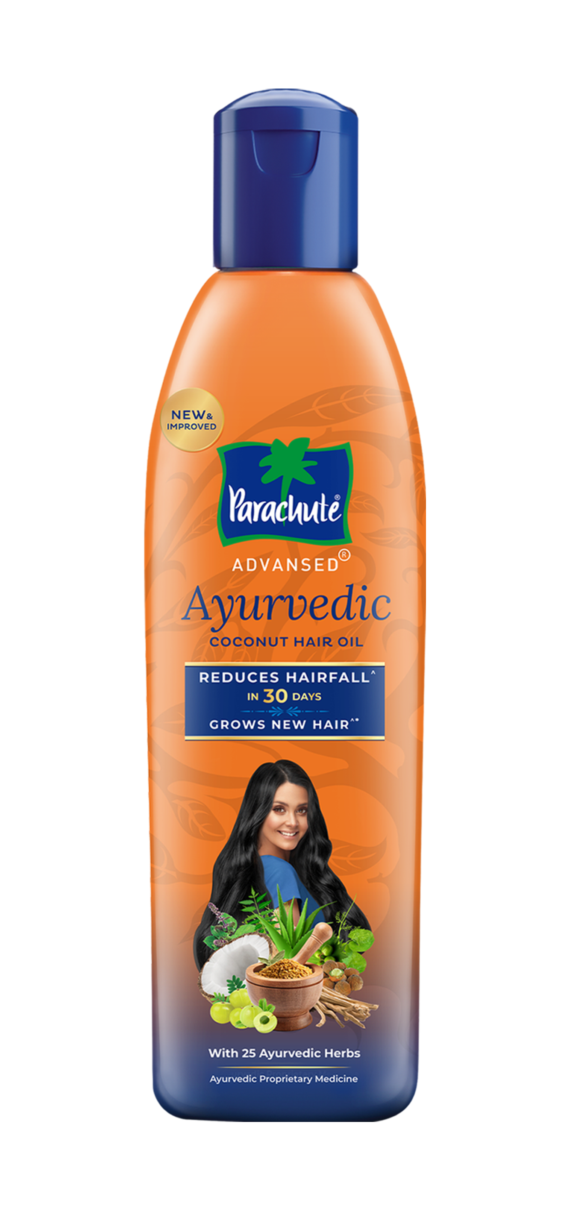 A bottle of Parachute Advansed Ayurvedic coconut hair oil