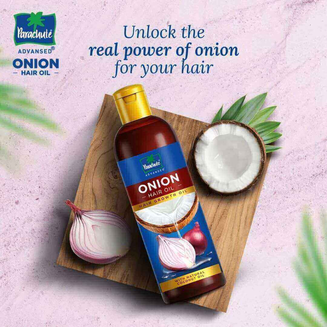 Parachute Advansed Onion hair oil bottle with coconut, onion, and some leaves